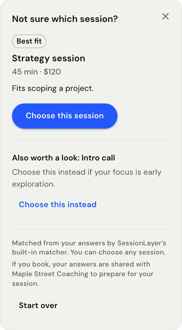 The concierge’s suggestion on a booking page: Best fit, Strategy session, 45 minutes for $120, “Fits scoping a project,” with a Choose this session button and the Intro call offered as a second option.