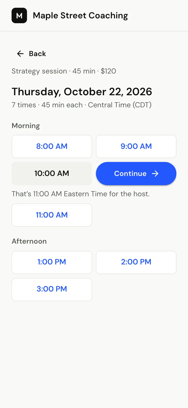The same booking page on a phone: Thursday, October 22, with its morning and afternoon times and 10:00 AM chosen.